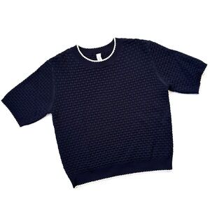 Sita Murt Women’s Short Sleeve Crewneck Basket Weave Knit Sweater in Navy Blue